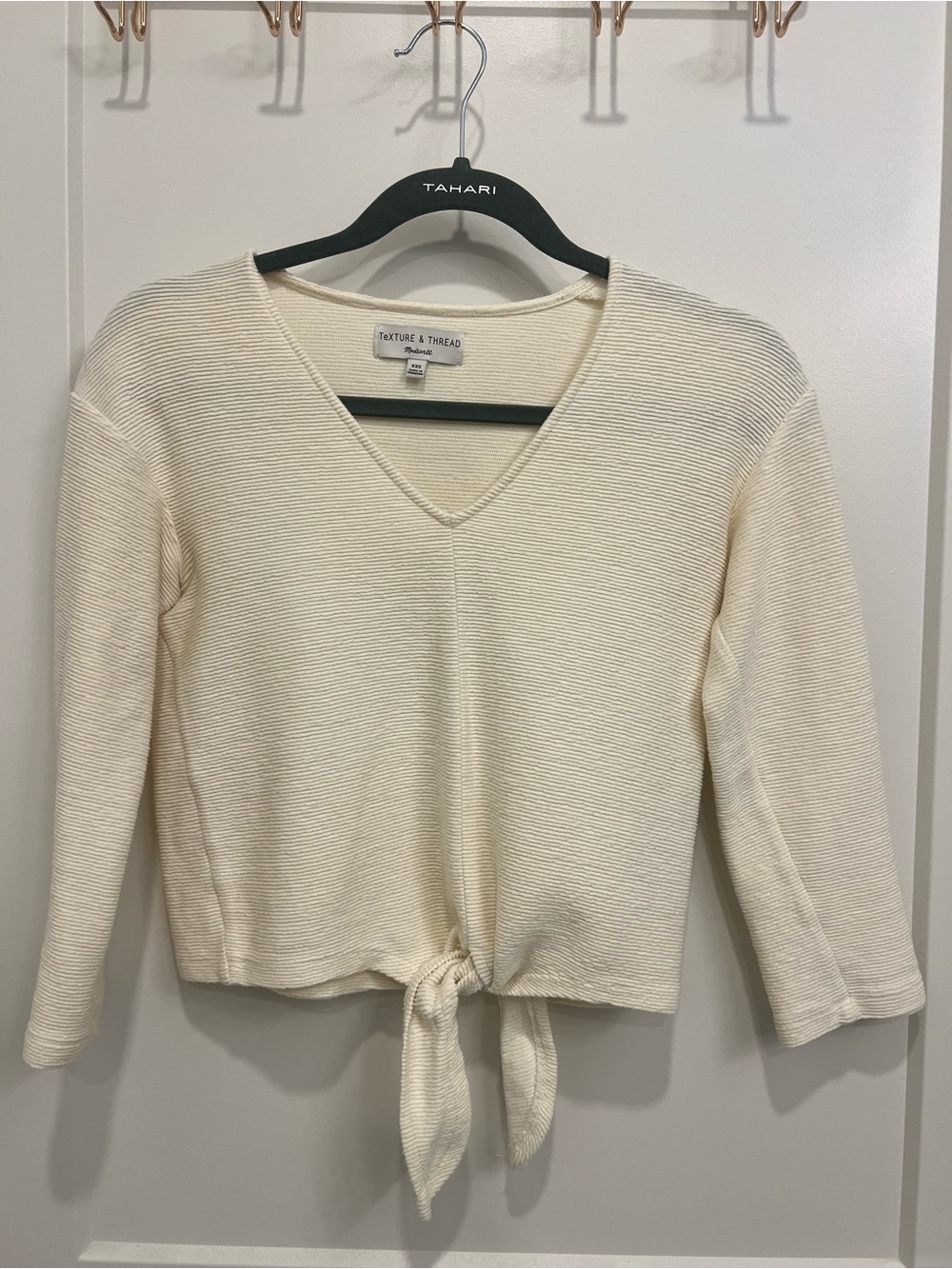 Madewell Cream Ribbed V-Neck Tie-Front Sweater